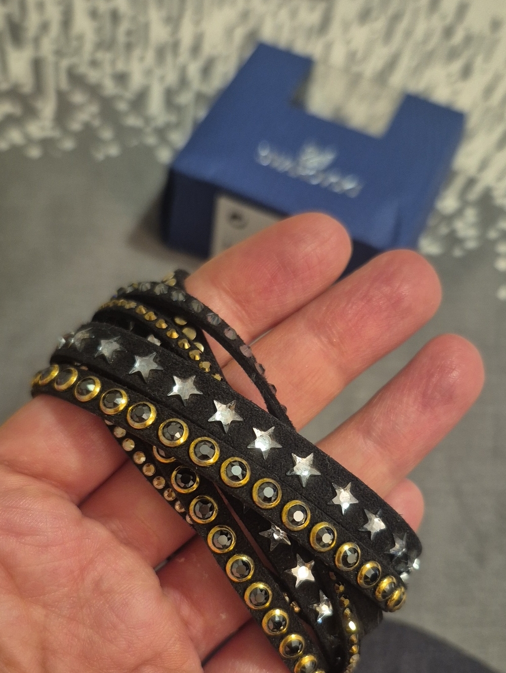 Swarovski Black Wrap Bracelet with Silver Stars and Gold Studs